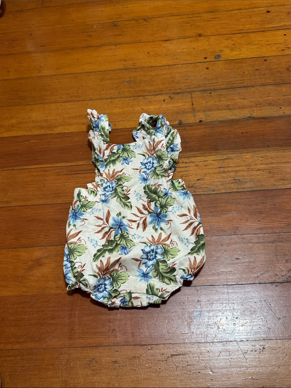 Floral Ruffle Baby Romper in Cream, Blue & Green